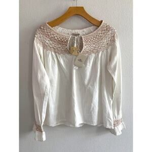 Faherty‎ Women’s Laura Embroidered Neutral Peasant Blouse NWT Sz XS